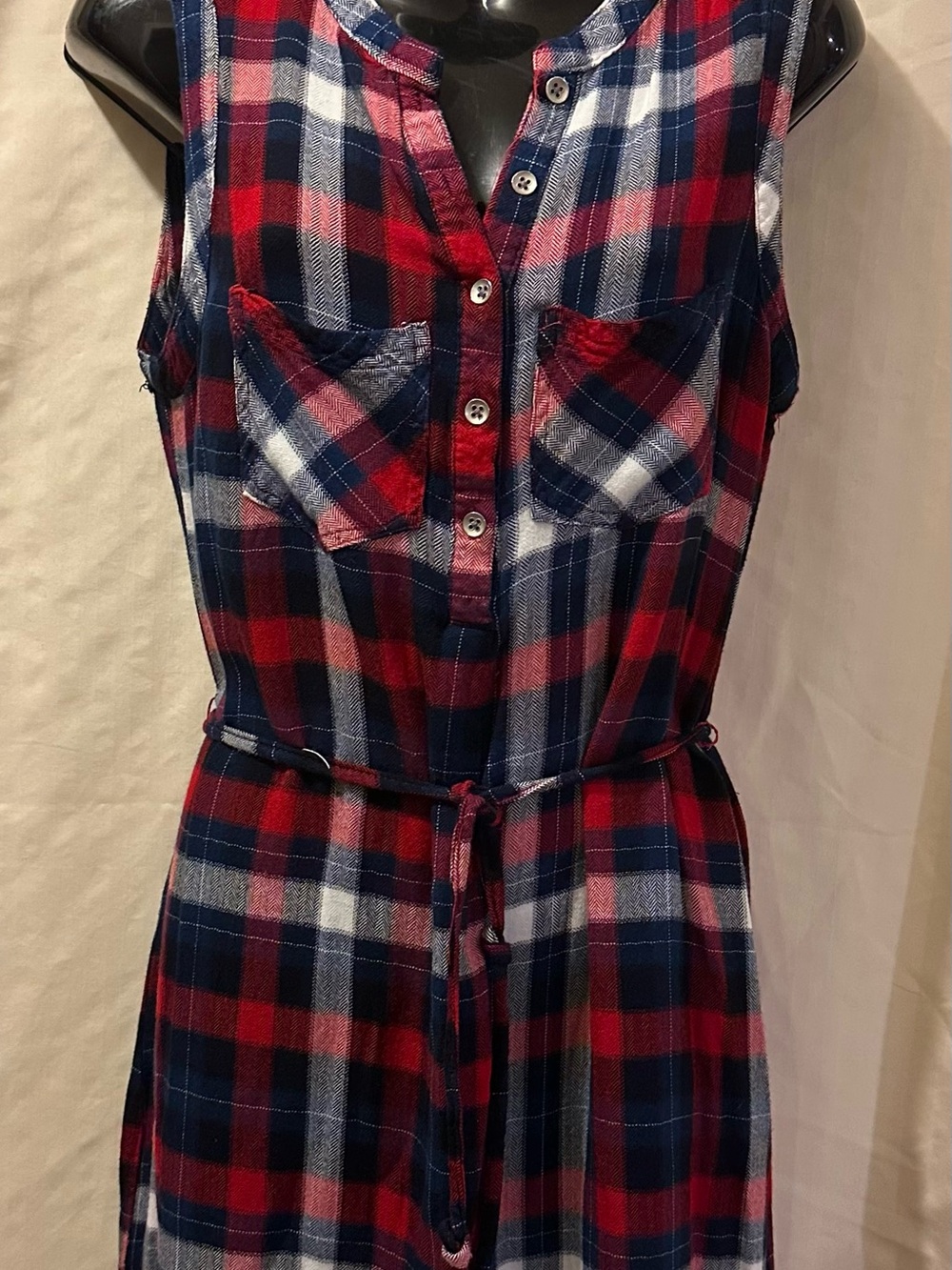 Maurices Red, Navy & White Plaid Sleeveless Mini Shirt Dress